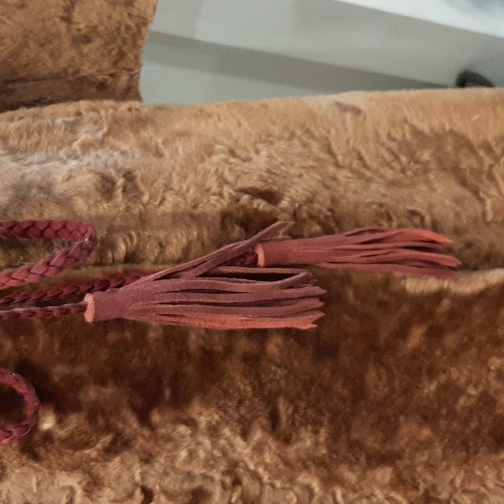 Luxurious Brown real broadtail lamb  Fur Coat with Red Belt Fits Small / - Picture 8 of 14